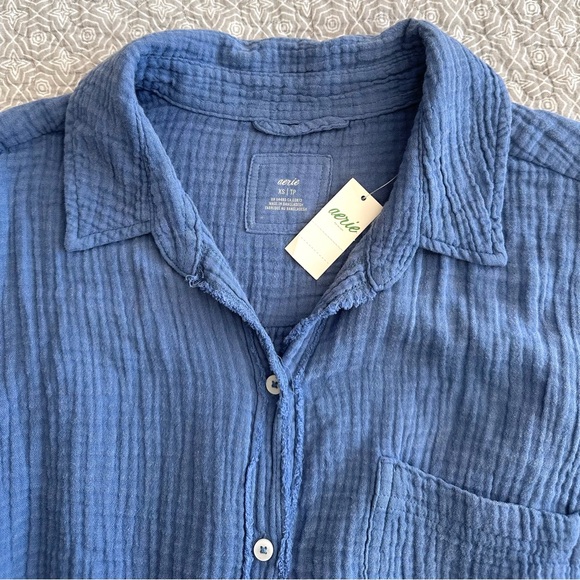NEW! Aerie Gauzy Cover Up Shirt Blue Button Up Oversized Frayed Size XS - Picture 7 of 13